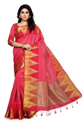Pink Woven Tussar Silk Saree With Blouse 1