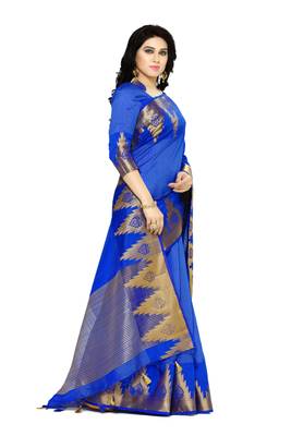 Blue woven tussar silk saree with blouse 1