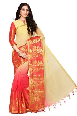 Pink & Beige Woven Chiffon Saree With Blouse 1
