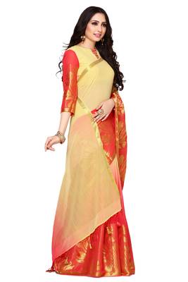 Pink & Beige Woven Chiffon Saree With Blouse 2