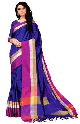 Blue Plain Silk Saree With Blouse 1