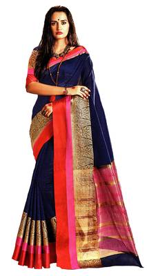 Blue Plain Silk Saree With Blouse 1