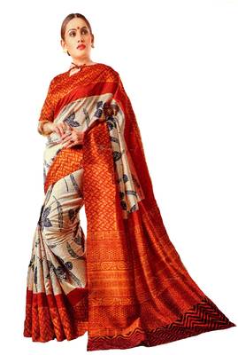 Beige Printed Banglori Silk Saree With Blouse 1