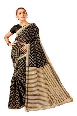 Black Printed Banglori Silk Saree With Blouse 1