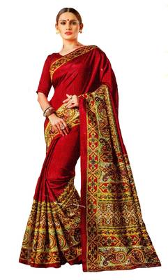 Red Printed Banglori Silk Saree With Blouse 1