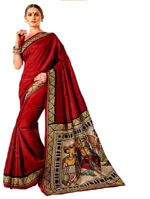 Red Printed Banglori Silk Saree With Blouse 1