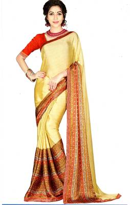 Beige Printed Crepe Silk Saree With Blouse 1