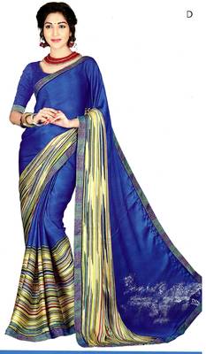 Blue Printed Crepe Silk Saree With Blouse 1