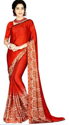 Red Printed Crepe Silk Saree With Blouse 1