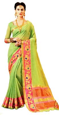 Green Printed Silk Saree With Blouse 1