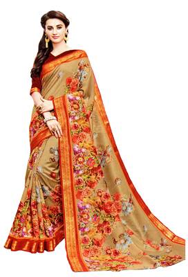 Brown Printed Silk Saree With Blouse 1