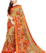 Brown Printed Silk Saree With Blouse