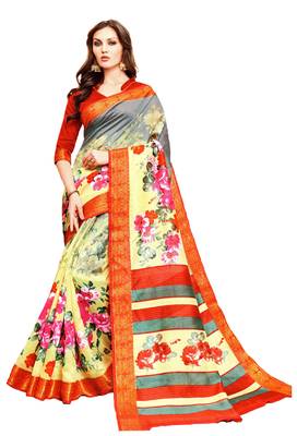 Cream Printed Silk Saree With Blouse 1