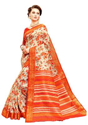White Printed Silk Saree With Blouse 1