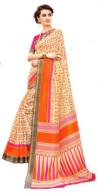 Beige Printed Silk Saree With Blouse 1