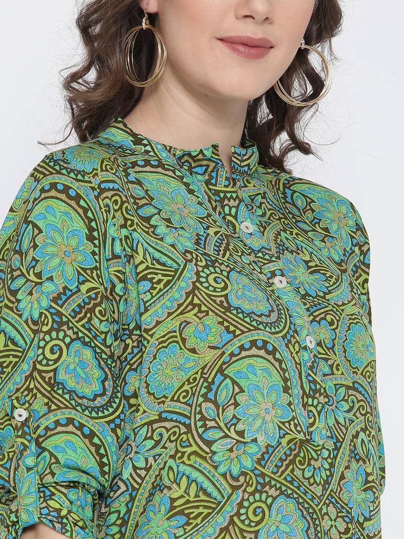 Jashn green floral print crepe kurti