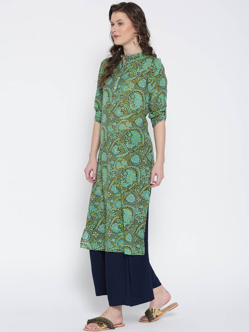 Jashn green floral print crepe kurti