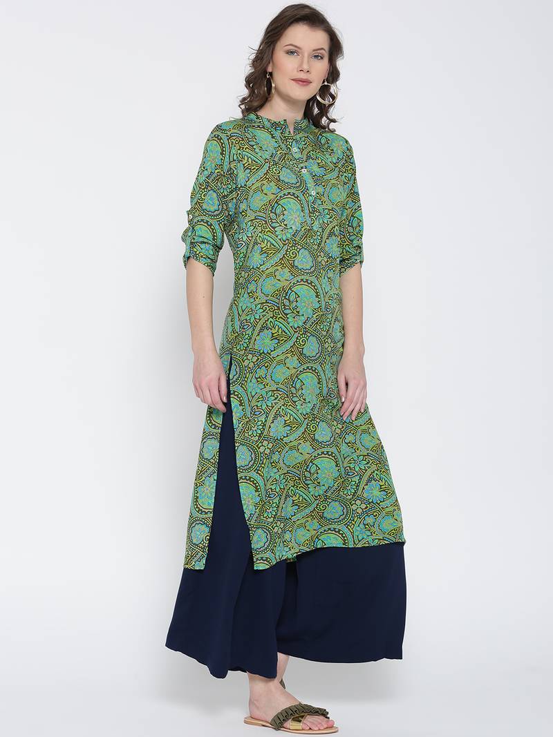 Jashn green floral print crepe kurti