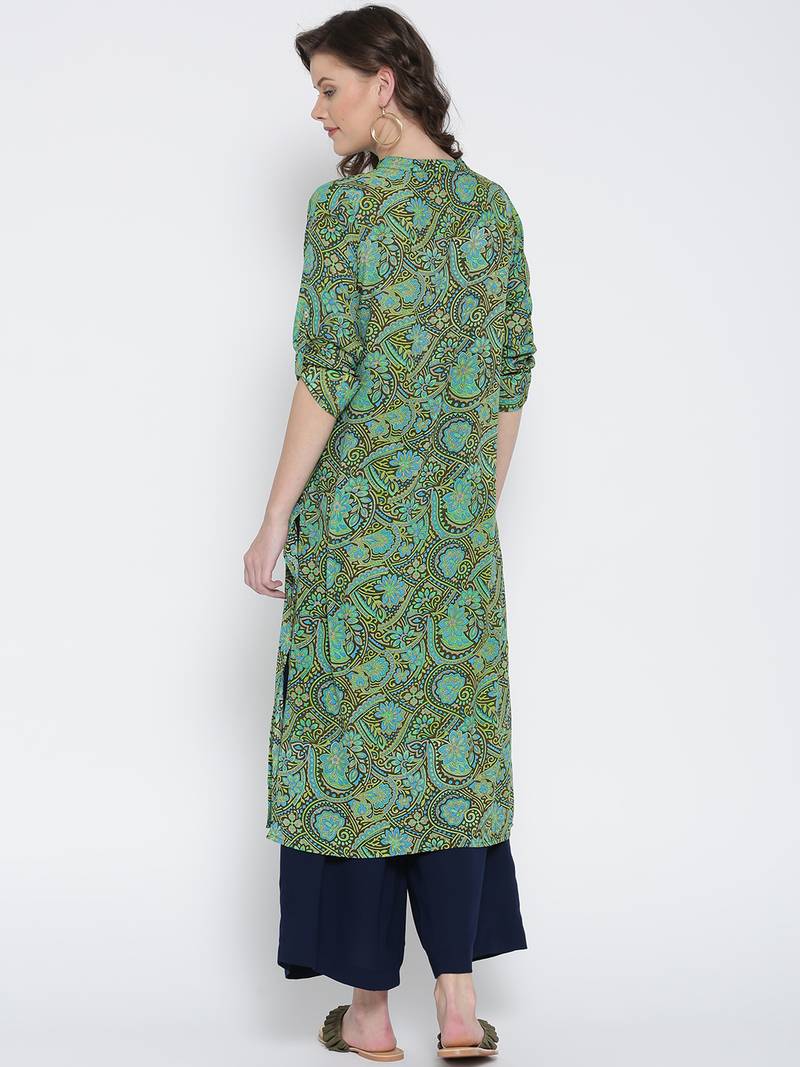 Jashn green floral print crepe kurti