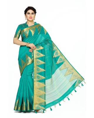 Mimosa Teal Woven Tussar Silk Saree With Blouse 2