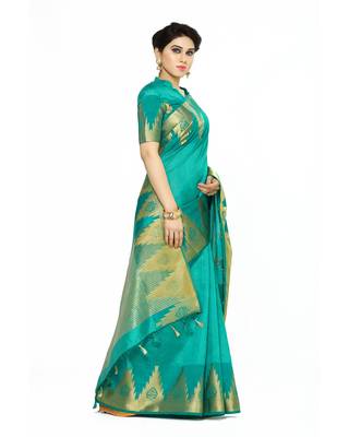 Mimosa Teal Woven Tussar Silk Saree With Blouse 3
