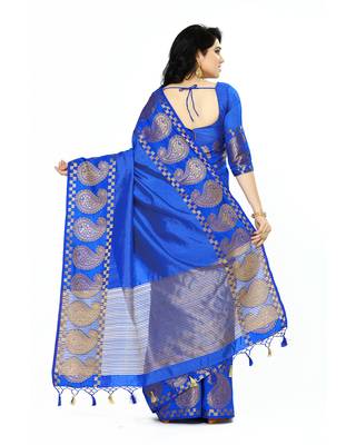 Mimosa blue woven tussar silk saree with blouse 4