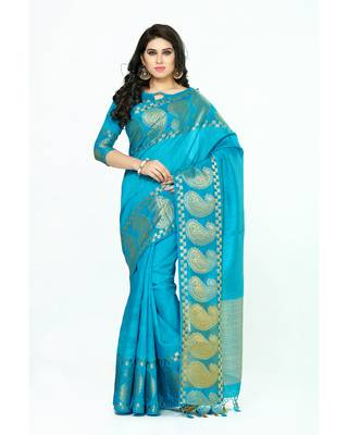Mimosa Turquoise Blue Woven Tussar Silk Saree With Blouse 1