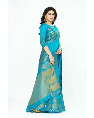 Mimosa Turquoise Blue Woven Tussar Silk Saree With Blouse 3