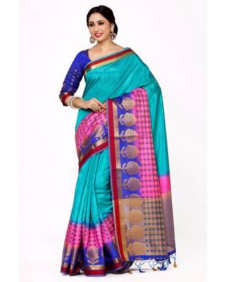 Mimosa Turquoise Blue Woven Art Silk Saree With Blouse 1