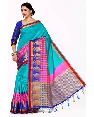 Mimosa Turquoise Blue Woven Art Silk Saree With Blouse 2