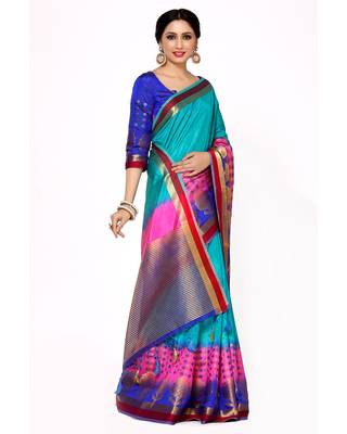 Mimosa Turquoise Blue Woven Art Silk Saree With Blouse 3
