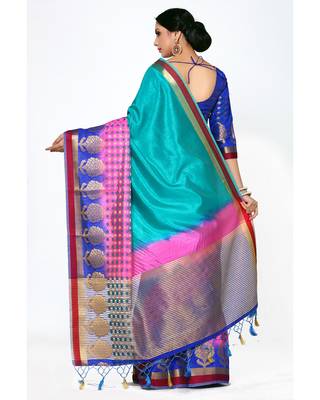 Mimosa Turquoise Blue Woven Art Silk Saree With Blouse 4