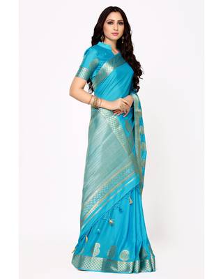 Mimosa Turquoise Blue Woven Crepe Saree With Blouse 3