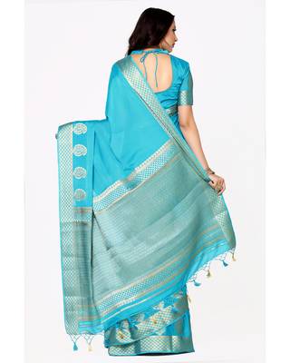 Mimosa Turquoise Blue Woven Crepe Saree With Blouse 4