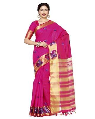 Mimosa Pink Embroidered Tussar Art Silk Saree With Blouse 1