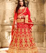 Red Embroidered Net Semi Stitched Lehenga