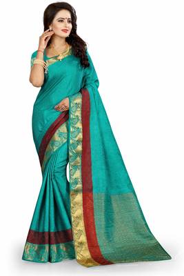 Sky blue woven cotton silk saree with blouse 1