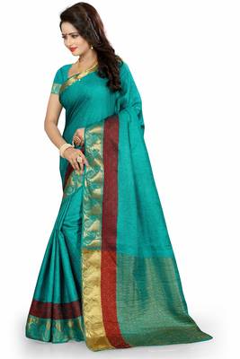 Sky blue woven cotton silk saree with blouse 2