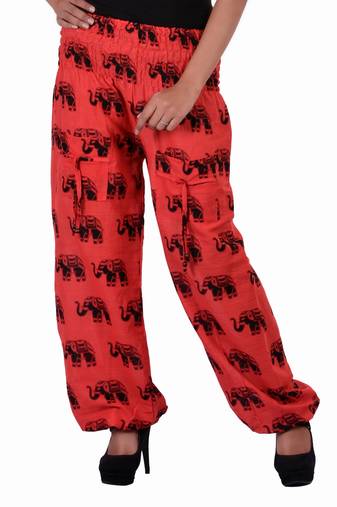 Red Jaipuri Printed Cotton Free Size Pyjama