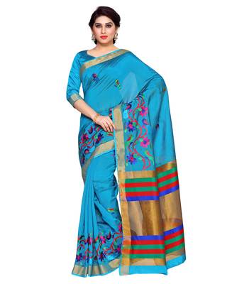Mimosa Blue Embroidered Art Silk Saree With Blouse 1