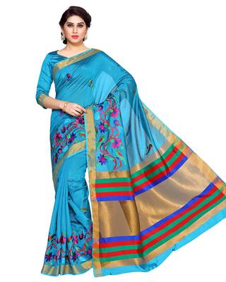 Mimosa Blue Embroidered Art Silk Saree With Blouse 2