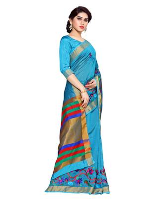 Mimosa Blue Embroidered Art Silk Saree With Blouse 3