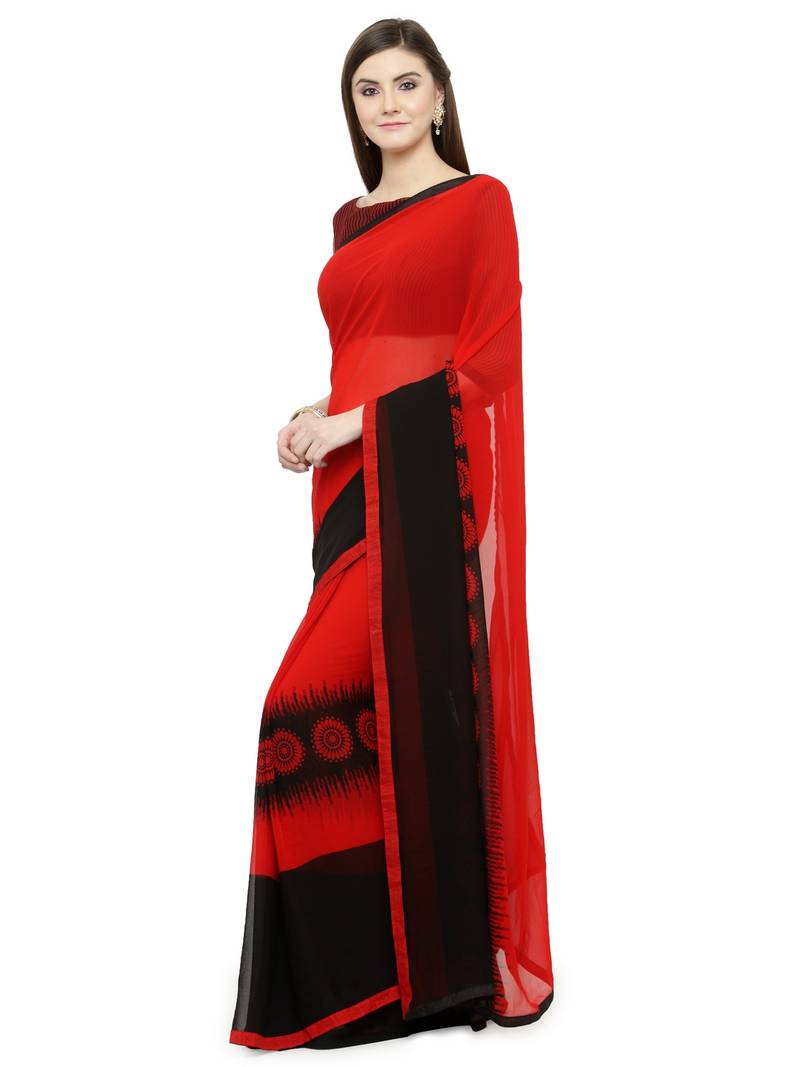 red printed georgette saree with blouse