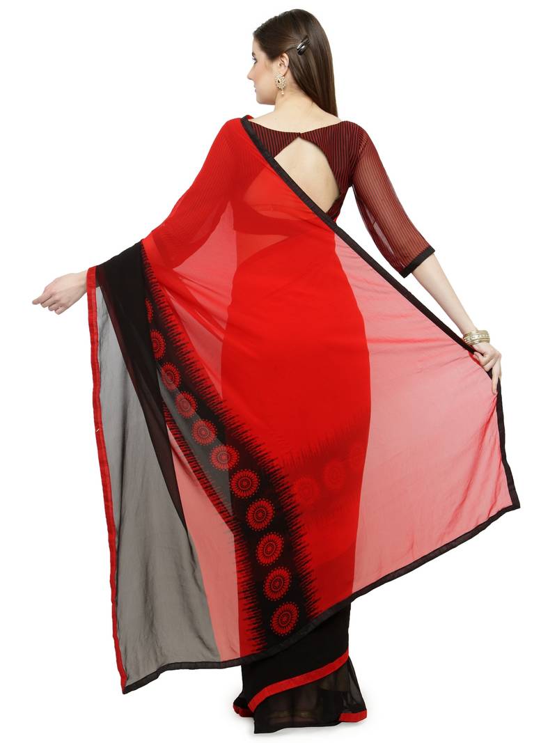 red printed georgette saree with blouse