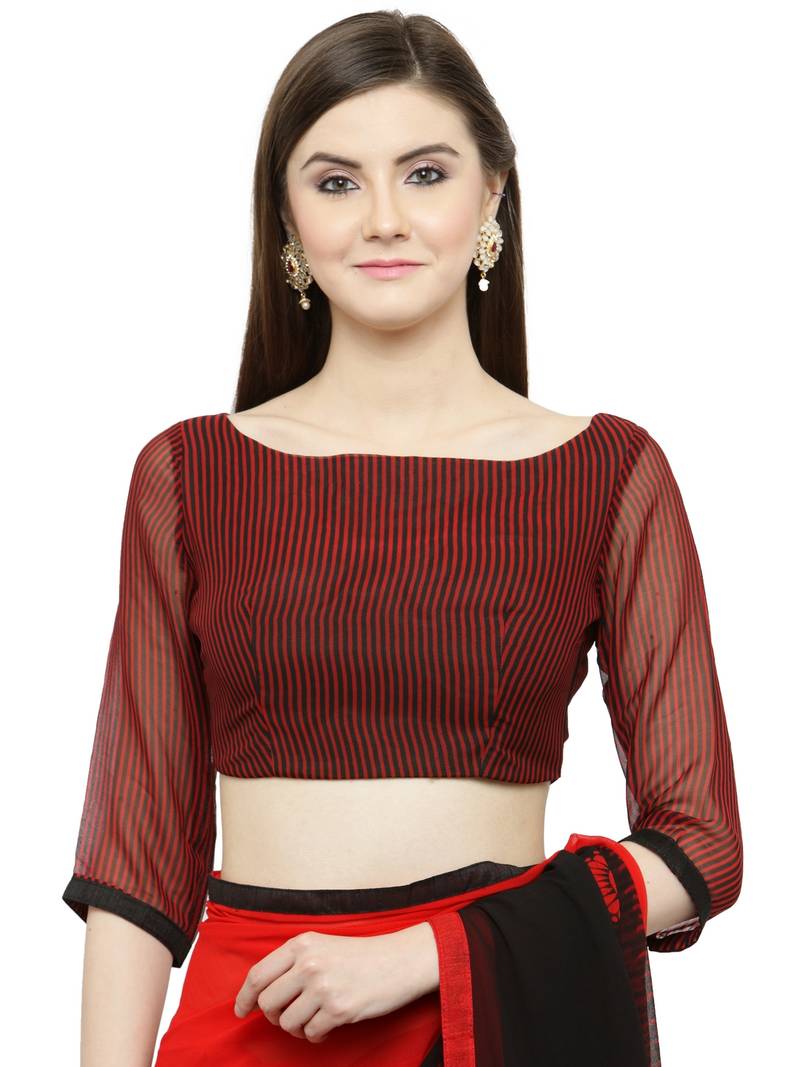 red printed georgette saree with blouse