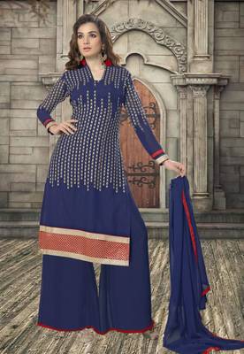 Blue embroidered santoon semi stitched salwar with dupatta 1