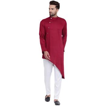 Daring Tilted Placket Asymmetric Maroon Kurta With White Pyjamas 1