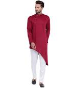 Daring Tilted Placket Asymmetric Maroon Kurta With White Pyjamas