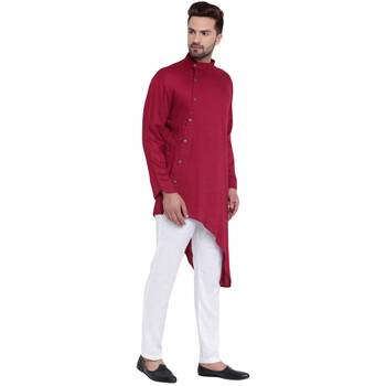 Daring Tilted Placket Asymmetric Maroon Kurta With White Pyjamas 2