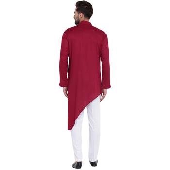 Daring Tilted Placket Asymmetric Maroon Kurta With White Pyjamas 3